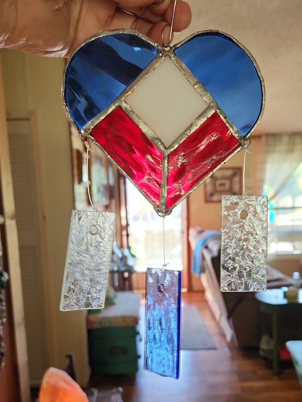 Handcrafted Blue & Red Stained Glass Heart Suncatcher - Brand